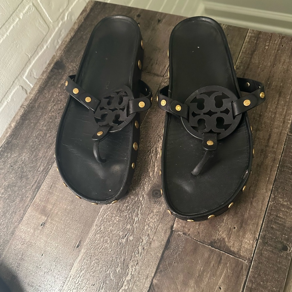 Tory Burch Black Sandals with Gold Accents